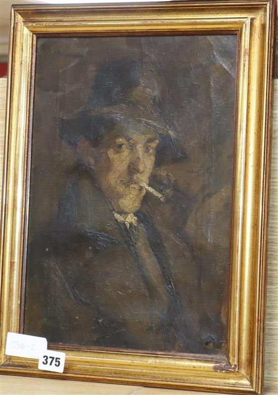 English School c.1900, oil on canvas, Portrait of a gentleman smoking a cigarette, 34 x 24cm